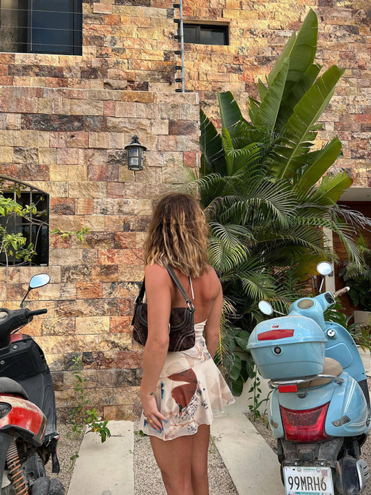 Hollow Vest Flower Printed Short Skirt Set