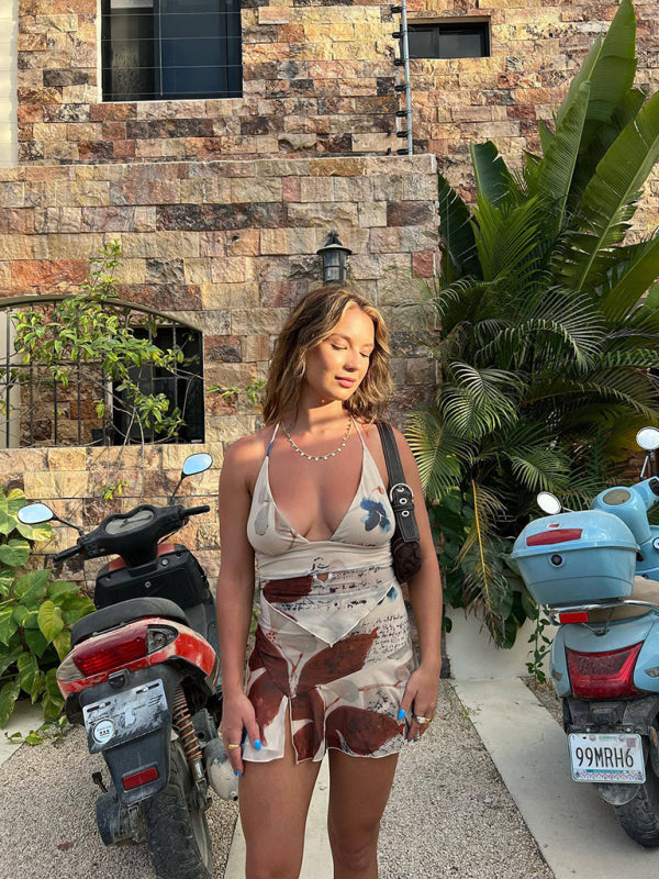 Hollow Vest Flower Printed Short Skirt Set