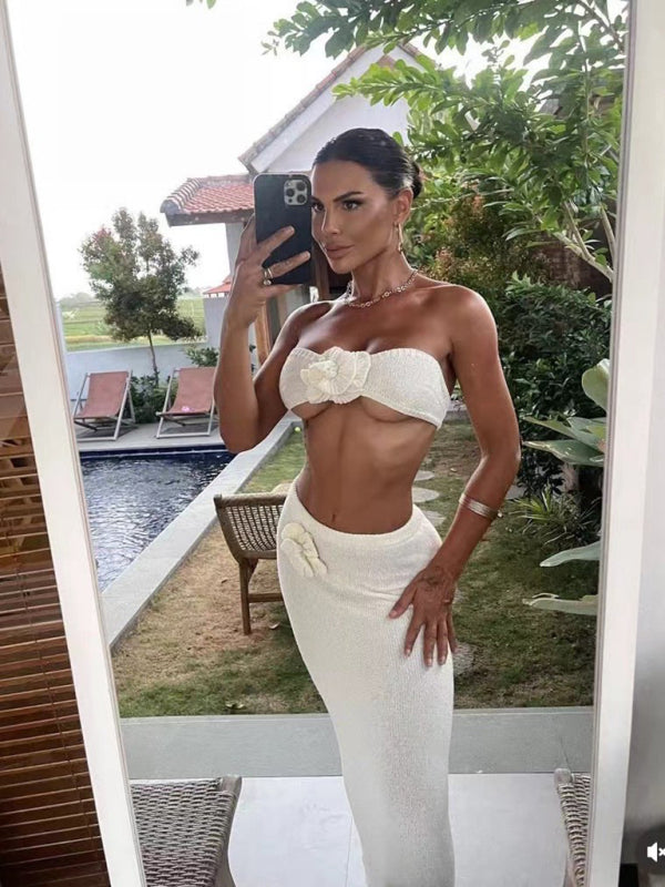 Strapless Knitted Flower High Waist Skirt Set