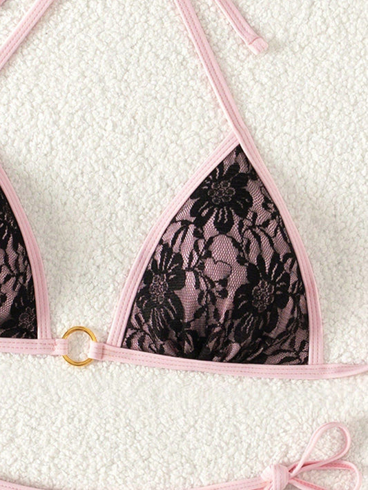 Black lace and pink backless bikini
