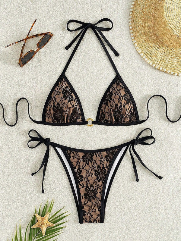 Black lace halter top with floral pattern and nude bikini