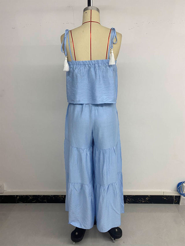Suspender top wide-leg trousers solid color suit two-piece set