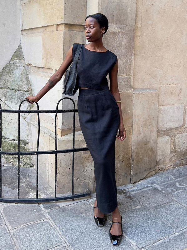 Cotton and Linen Vest Skirt Set