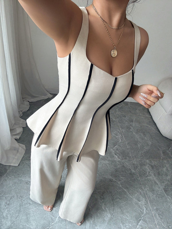 Elegant style camisole solid color trousers set