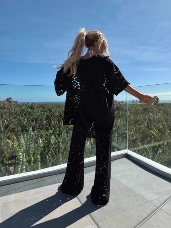 Lapel Hollow Lace Short Sleeve Set