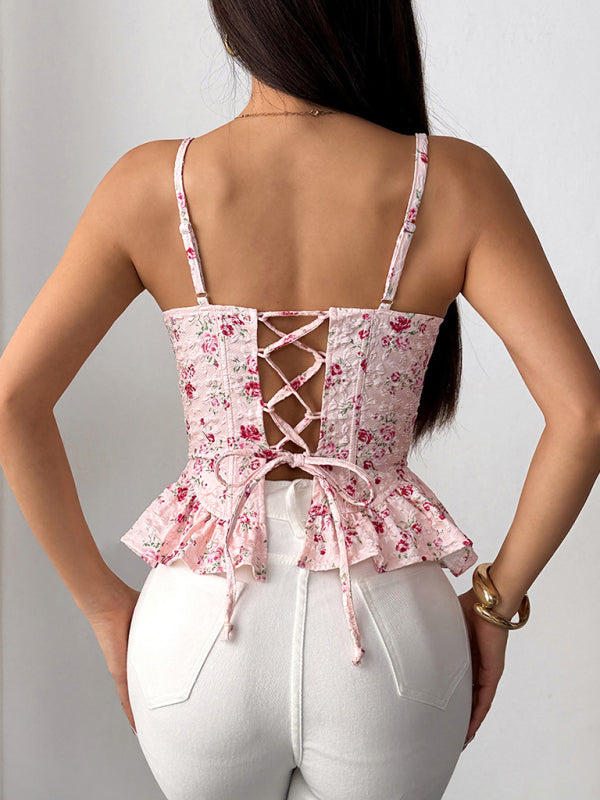 Pink floral irregular ruffled lace-up top