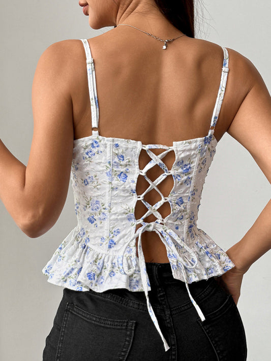 Blue floral irregular ruffled lace-up top