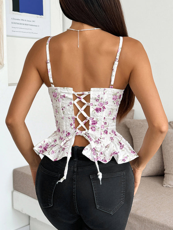 Purple floral ruffled lace up top