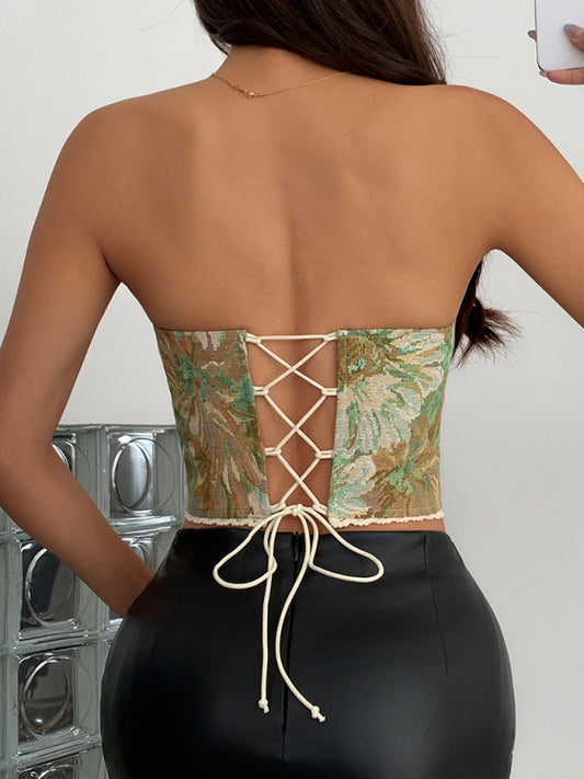 Street retro green flower print lace-up herringbone vest