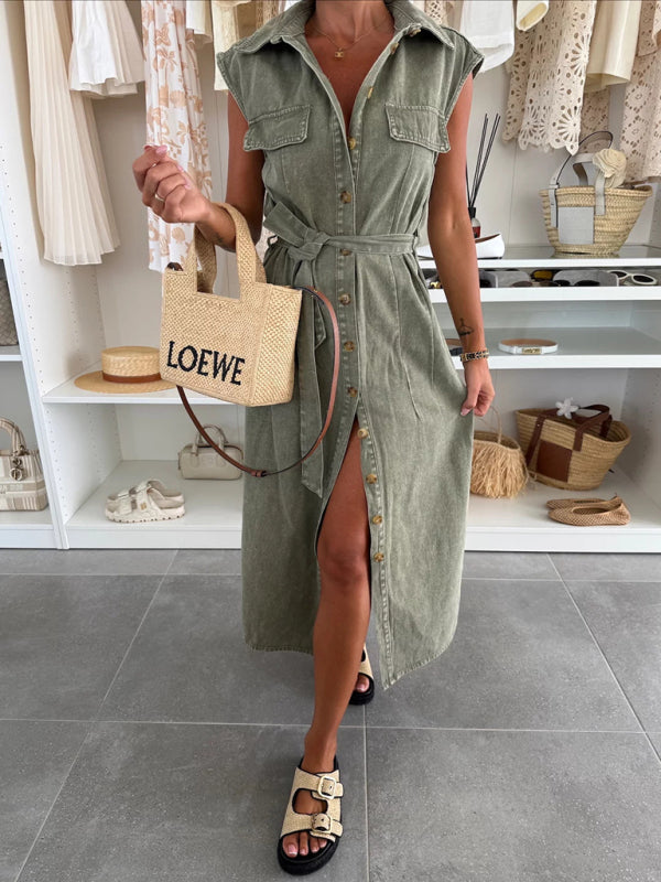 Fashion casual single breasted sleeveless denim dress