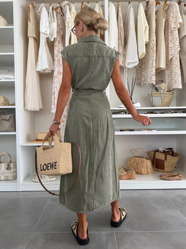Fashion casual single breasted sleeveless denim dress