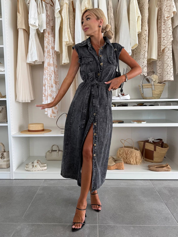 Fashion casual single breasted sleeveless denim dress