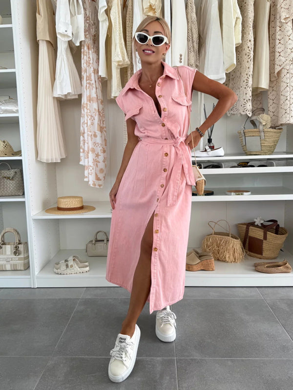 Fashion casual single breasted sleeveless denim dress