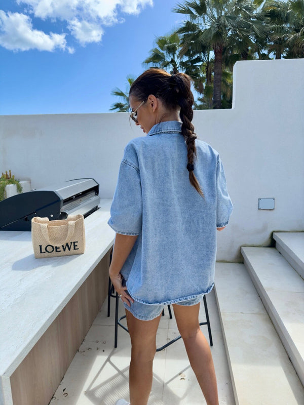 Casual loose short-sleeved shirt and denim shorts set