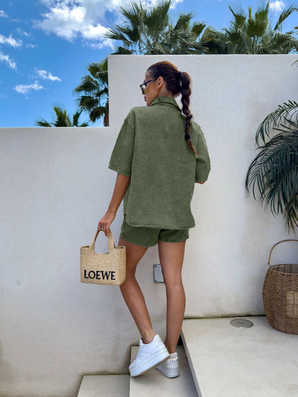 Casual loose short-sleeved shirt and denim shorts set