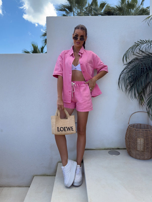 Casual loose short-sleeved shirt and denim shorts set