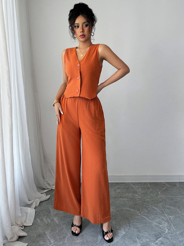 Simple sleeveless vest wide-leg trousers two-piece set