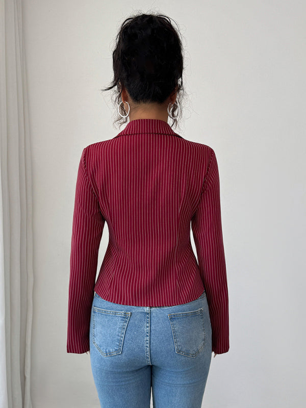 Casual simple high-end striped long-sleeved cardigan shirt