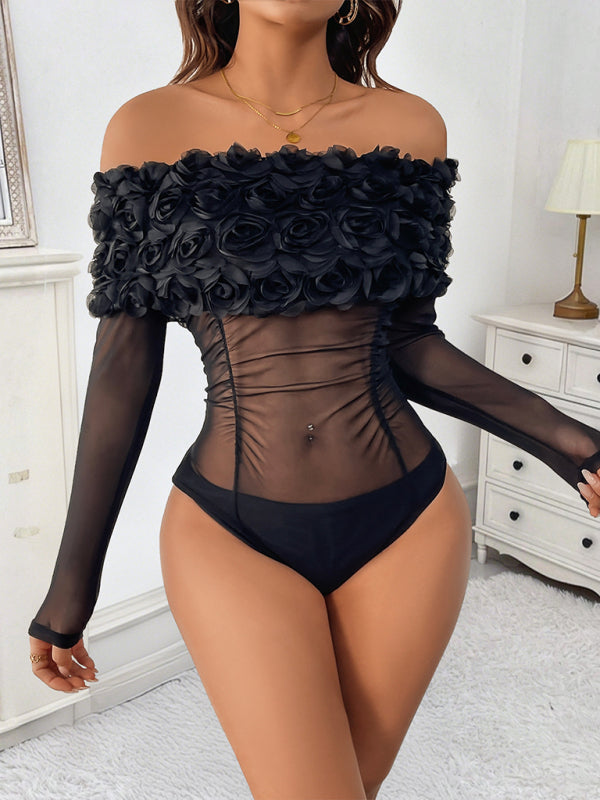 Mesh Off-Shoulder 3D Flower Bodysuit